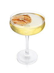 Martini cocktail with orange slice in glass on white background
