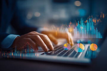 Close up of hands typing on a laptop with glowing stock market data and charts overlay