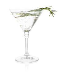 Martini cocktail with rosemary in glass on white background