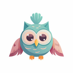 Fototapeta premium A charming cartoon owl, with large eyes and outstretched wings, isolated on white background.
