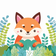 Obraz premium Cute cartoon fox peeking from behind foliage, surrounded by colorful leaves.