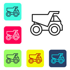 Black line Mining dump truck icon isolated on white background. Set icons in color square buttons. Vector