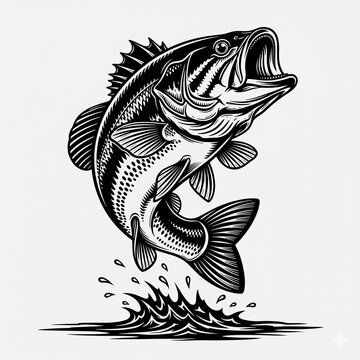 black and white jumping bass fish clip art preview
