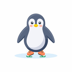 A cute cartoon penguin character wearing orange ice skates stands on a small patch of blue ice.