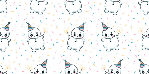 Cute snowmen celebrating on festive background. Vector seamless pattern.