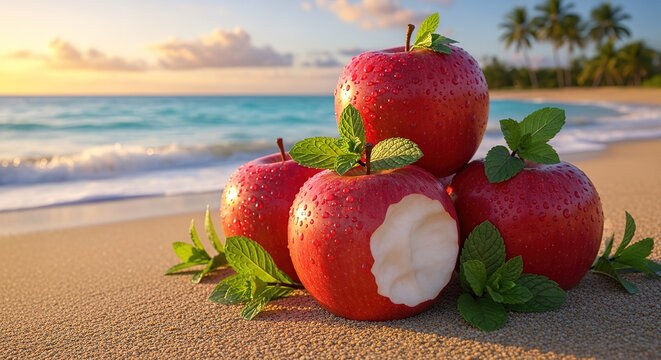 Fresh Red Apples with Mint on a Tropical Beach at Sunrise - Powered by Adobe