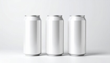 Three identical blank aluminum cans standing upright in a row — smooth, reflective surfaces with no labels, placed against white background