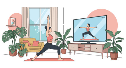 Woman practicing yoga at home following an online fitness class on television and feeling good