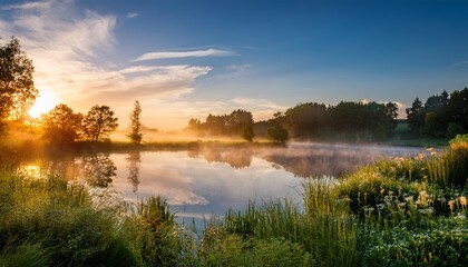 Obraz premium serene dawn mist rising over a calm pond lush vegetation reflected in tranquil water illuminating the countryside landscape