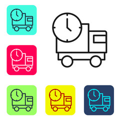 Black line Logistics delivery truck and time icon isolated on white background. Delivery time icon. Set icons in color square buttons. Vector