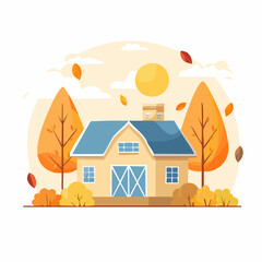 A charming illustration of a barn surrounded by autumn trees under a sunny sky.