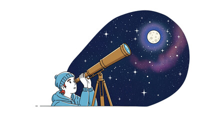 Woman Observes Stars Through a Pixelated Telescope Under Night Sky with Nebula and Transparent Background in Digital Pixel Art
