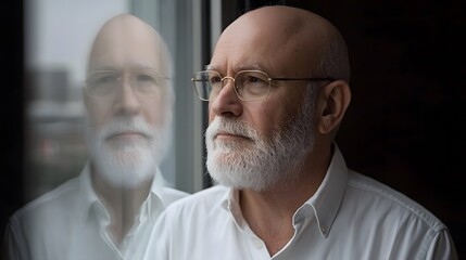 Thoughtful Senior Man Looking Through Window, Contemplative Portrait