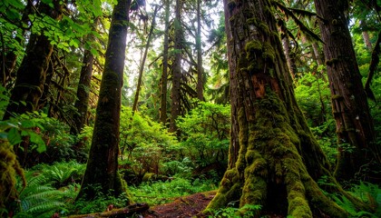 Fototapeta premium Lush forest canopy, sunlight filtering through trees