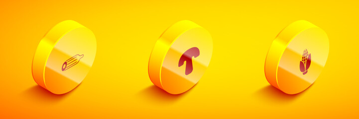 Set Isometric Fresh cucumber, Mushroom and Corn icon. Vector