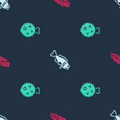 Set Fish steak, and hedgehog on seamless pattern. Vector