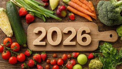 A wooden board displays the year 2026 surrounded by fresh vegetables and fruits, symbolizing a vibrant New Year's celebration intertwined with Christmas cheer and health
