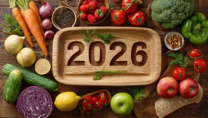 A wooden board displays the year 2026 surrounded by fresh vegetables and fruits, symbolizing a vibrant New Year's celebration intertwined with Christmas cheer and health