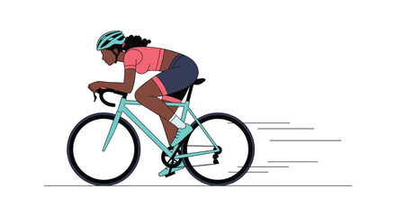 Obraz premium An athletic woman rides her bicycle in an aerodynamic position wearing cycling gear and a helmet on a white background