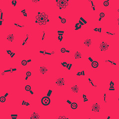 Set Microorganisms under magnifier, Atom, Pipette and Alcohol spirit burner on seamless pattern. Vector