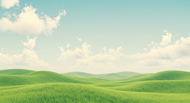 Serene panoramic view of rolling green hills covered in lush grass under a light blue sky with soft white clouds