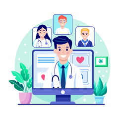 A flat style illustration showing online treatment service