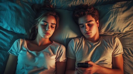 A young couple lies back to back in bed, each absorbed in their smartphone, emotionally distant in digital silence