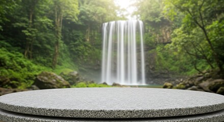 Empty round stone product display platform in front of a majestic waterfall cascading into a lush green tropical forest with bright sunlight.