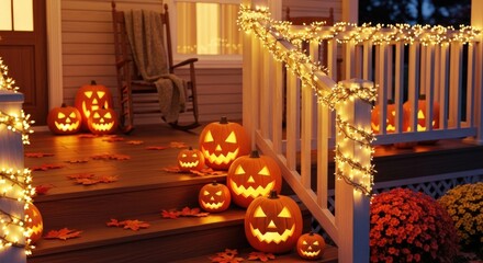 Obraz premium Festive halloween porch with glowing jacko'lanterns and string lights display