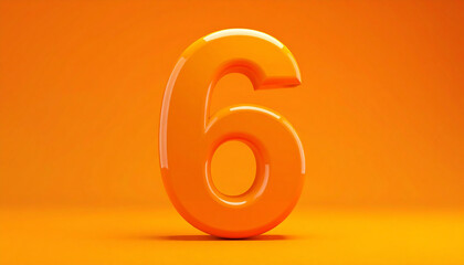 Shiny orange plastic number 6 six isolated on matching orange backdrop. 3D rendering.