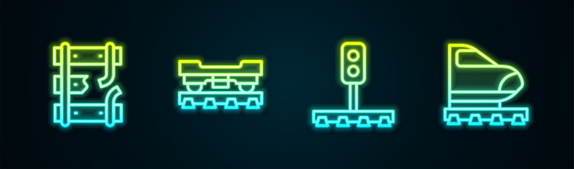 Set line Broken rails on a railway, Cargo train wagon, Train traffic light and High-speed. Glowing neon icon. Vector
