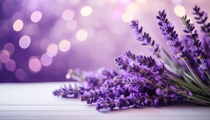 vibrant purple lavender flowers on white surface with soft purple bokeh background