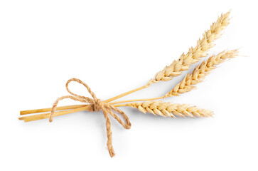 Bunch of dried wheat ears isolated on white, top view