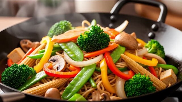 Wok filled with stirfried noodles tofu broccoli peppers onions mushrooms snow peas baby corn steaming shallow depth of field