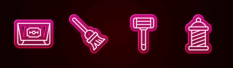 Set line Blade razor, Mop, Shaving and Barber shop pole. Glowing neon icon. Vector