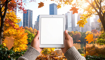 Hands holding a blank screen digital tablet amidst a vibrant autumn park landscape, with golden falling leaves and a city skyline in the distant background, ideal for digital content showcase