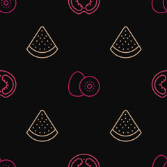 Set line Tomato, Watermelon and Kiwi fruit on seamless pattern. Vector