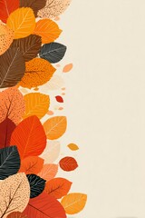 A vibrant arrangement of autumn leaves in warm shades of orange, red, and yellow on a light backdrop.