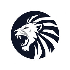 Fototapeta premium Fierce white lion head roaring inside a dark blue circle African logo