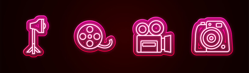 Fototapeta premium Set line Studio light bulb in softbox, Film reel, Retro cinema camera and Photo. Glowing neon icon. Vector