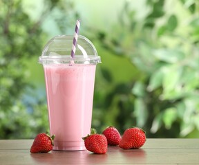 Tasty milkshake in plastic cup and strawberries on wooden table outdoors