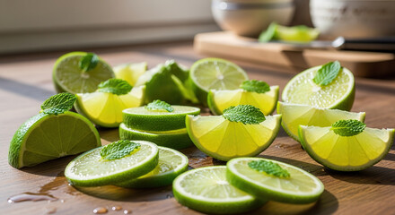 Freshly Sliced Limes with Mint on a Wooden Surface