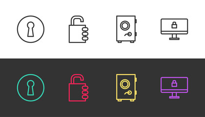Set line Keyhole, Safe combination lock, and Lock computer monitor on black and white. Vector