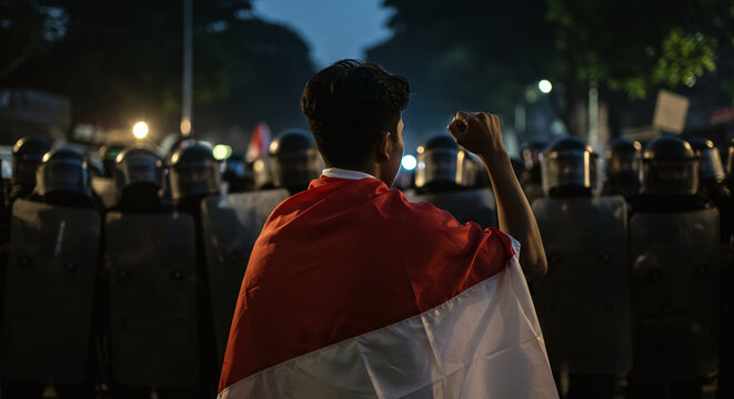 Youth raises fist draped in Indonesian flag facing police line at night