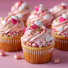 Delicious Pink Cupcakes with Sprinkles and Heart-Shaped Candies