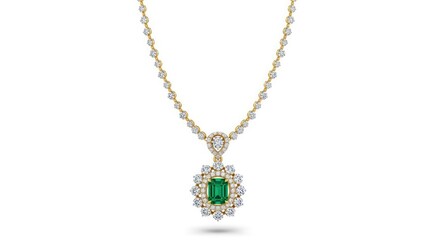 Elegant Gold Necklace with Emerald and Diamond Pendant on White Background