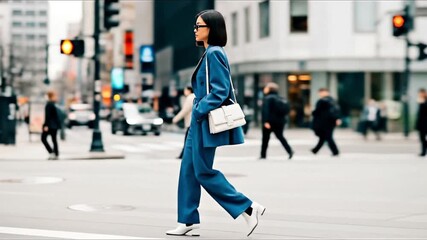 Woman in teal suit white boots crosses street - Powered by Adobe