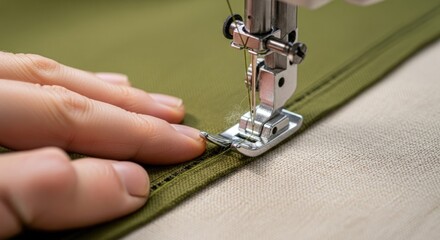 Close up of a sewing machine stitching green fabric with a hand guiding the material