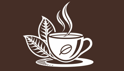 Create a minimalist image of Coffee white cup icon with steam forming a leaf., A clean and modern logo for a coffee shop.. 
with brown background