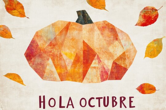 Poster de Hola Octubre con una calabaza geometrica grande y naranja y hojas